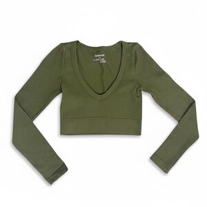 Garage Dark Green Cropped Ribbed Long Sleeve V-Neck Top